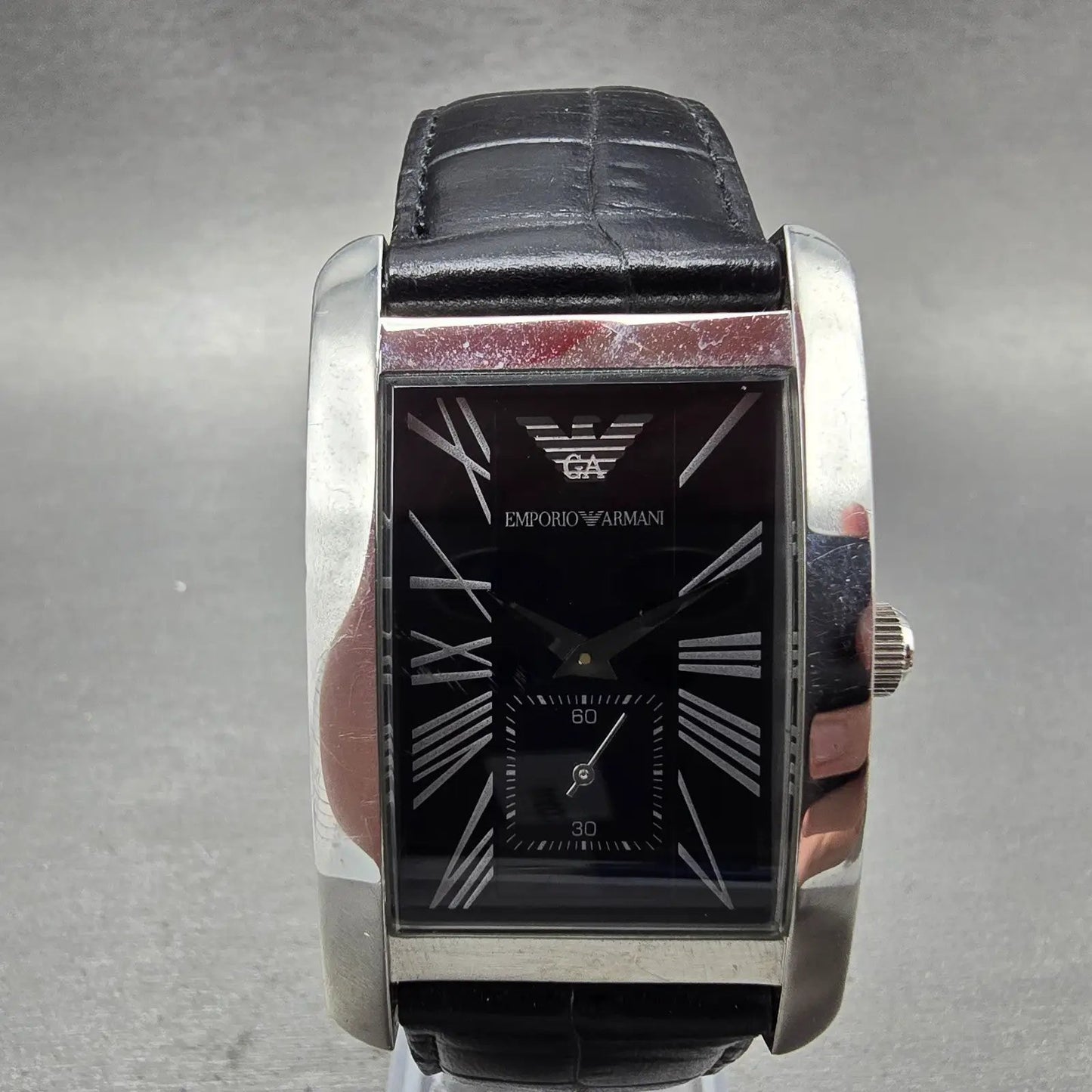 Emporio Armani Tank Watch Men 31mm Black Dial Steel Small Seconds New Battery LT0