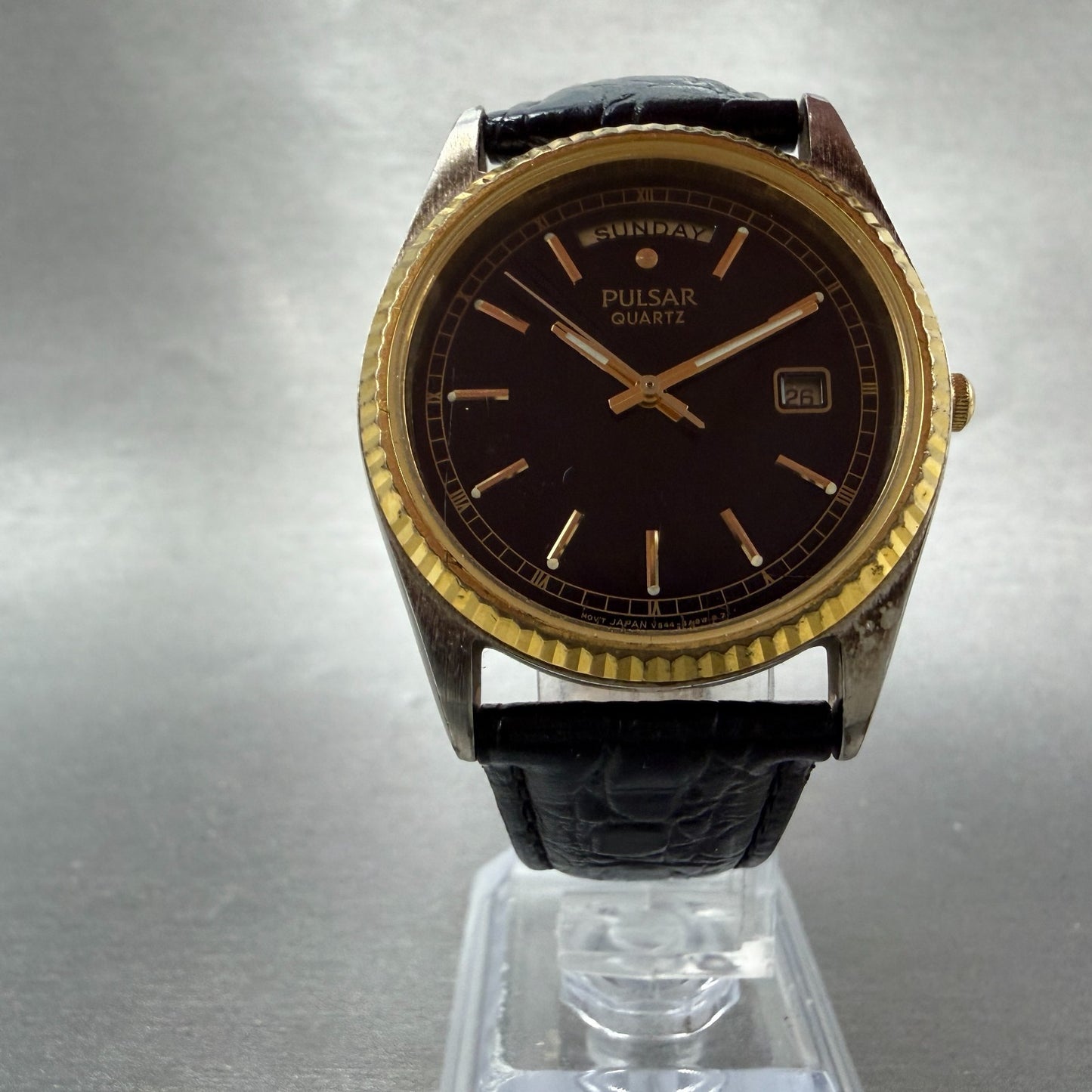 Pulsar President Watch Men 35mm Black Dial Two Tone Daydate V544-8A40 NewBattery5