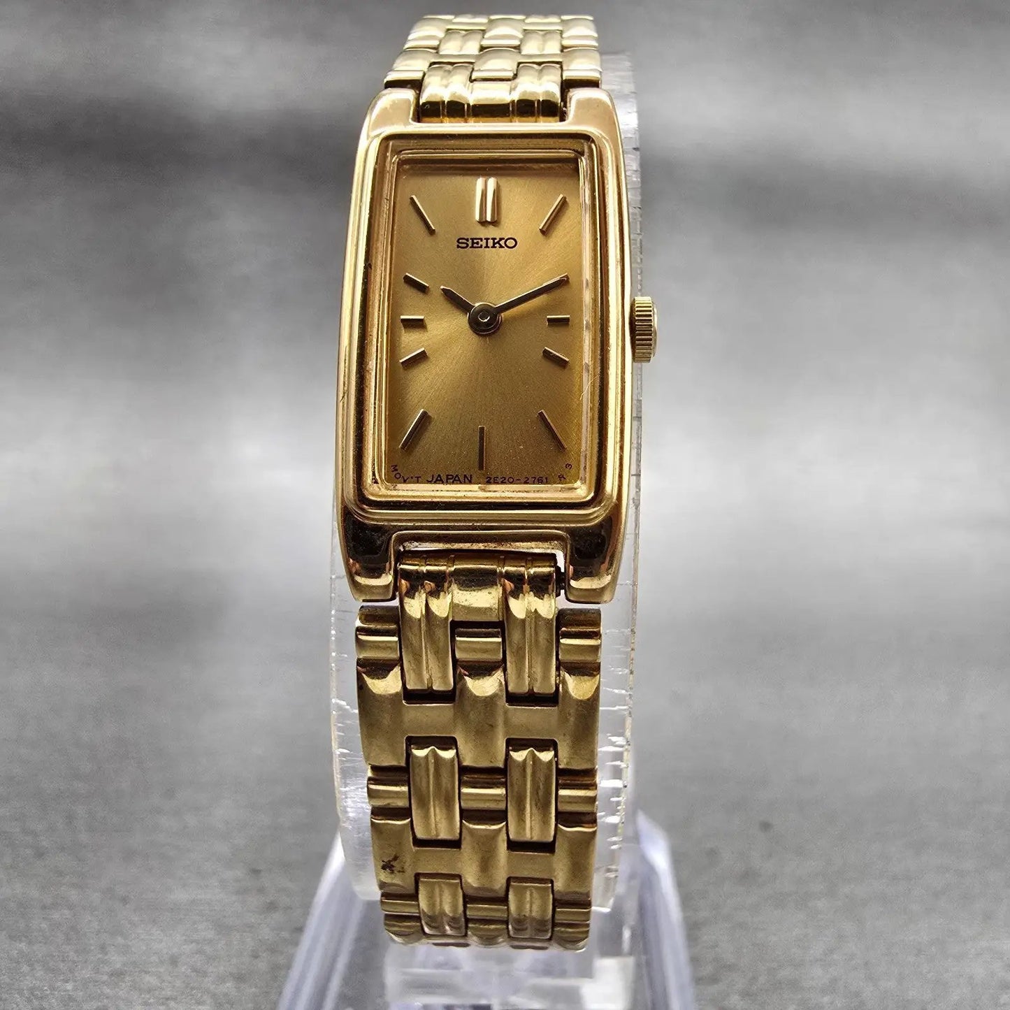 Seiko Watch Women 13mm Gold Dial Gold Tone Rectangle 2E20-7021 New Battery VTG5