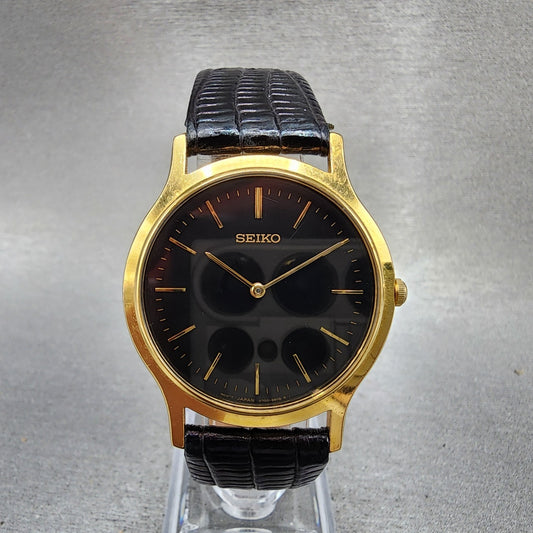 Seiko Watch Men 34mm Black Dial Gold Tone Round V7008A10 Leather PARTS0