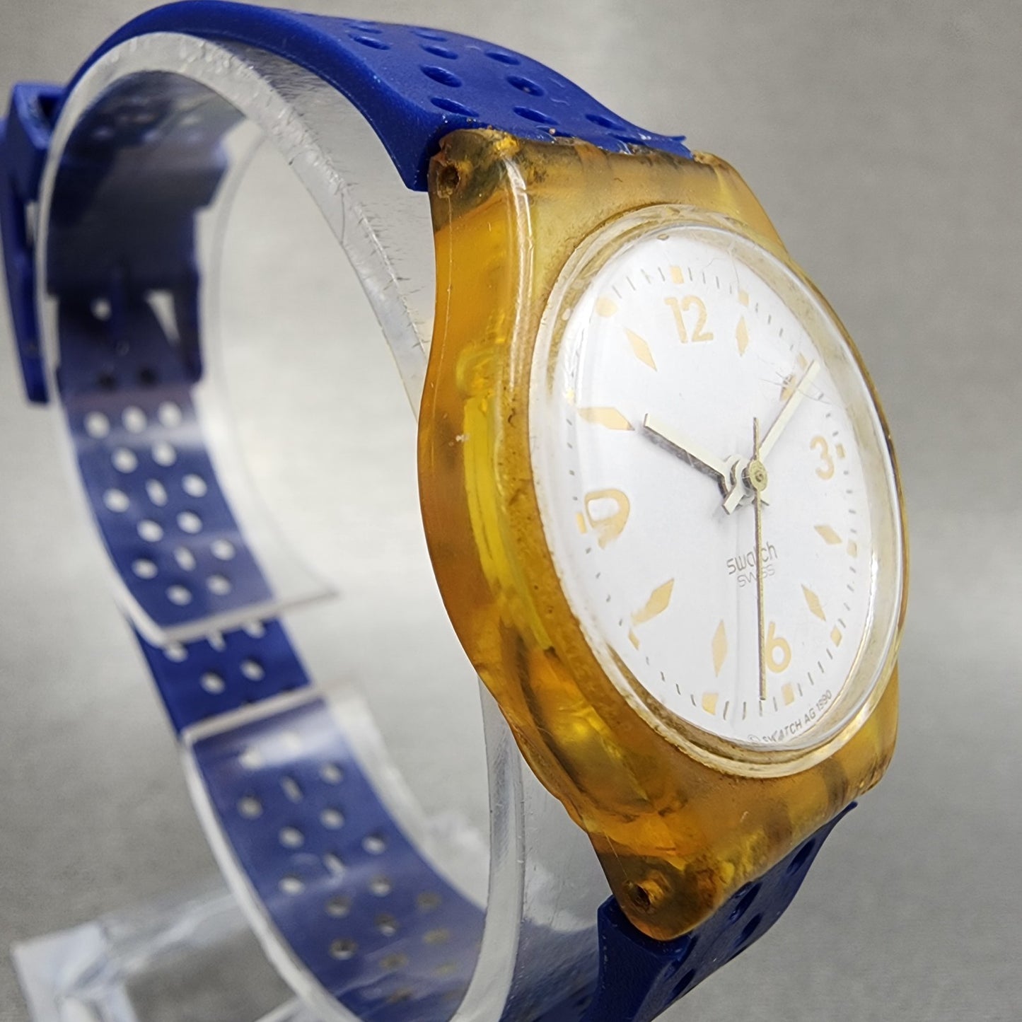 Swatch Gold Bride Watch Women 25mm White Dial Clear Case Round LK123 New Battery3