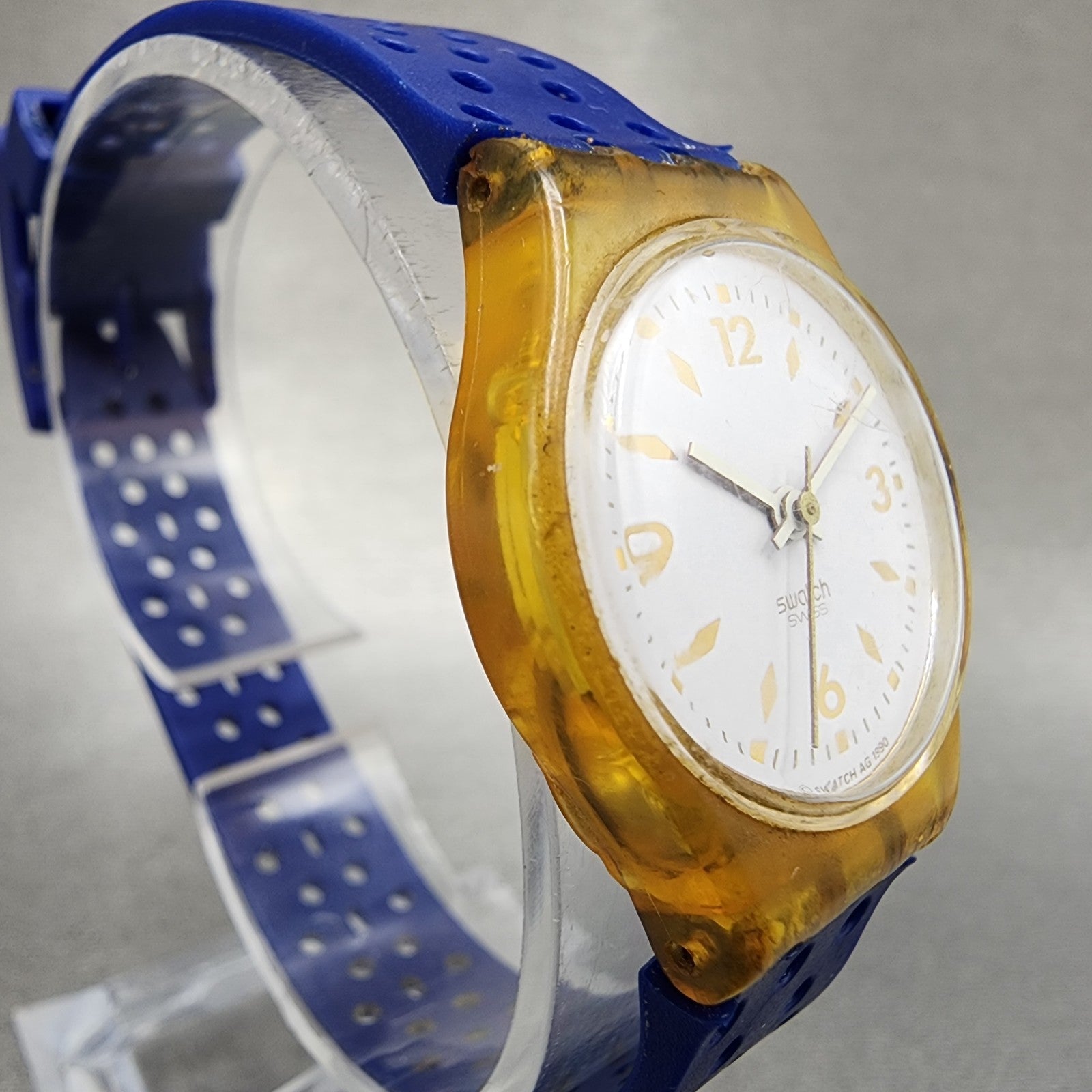 Swatch Gold Bride Watch Women 25mm White Dial Clear Case Round LK123 New Battery3