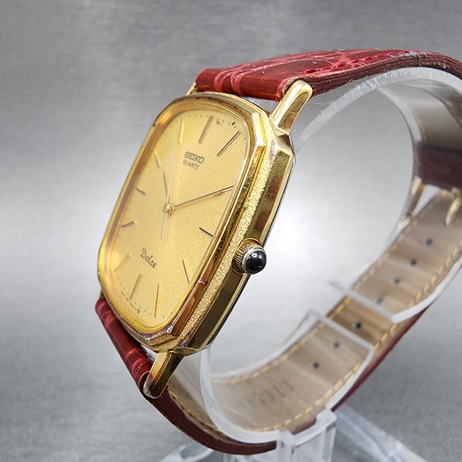 Seiko Dolce Watch Men 28mm Gold Dial Gold Tone Rectangle 95215120 New Battery3
