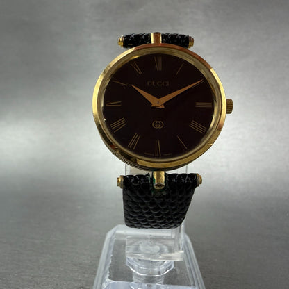 Gucci 2000M Watch Men 30mm Black Dial Gold Plated Leather Round New Battery VTG5
