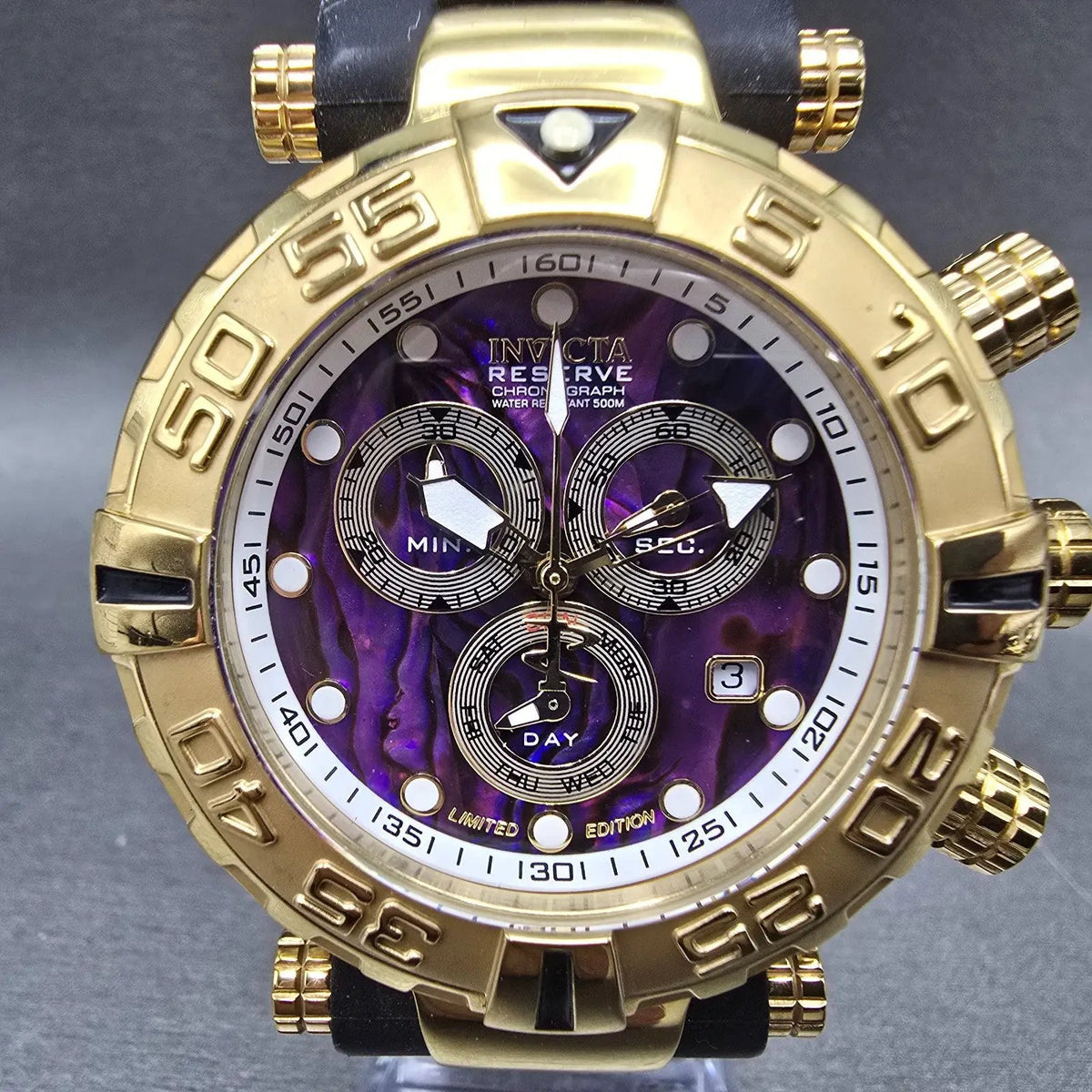 Invicta Subaqua Reserve Chronograph Watch Men 47mm Purple Dial Gold Date New Bat0