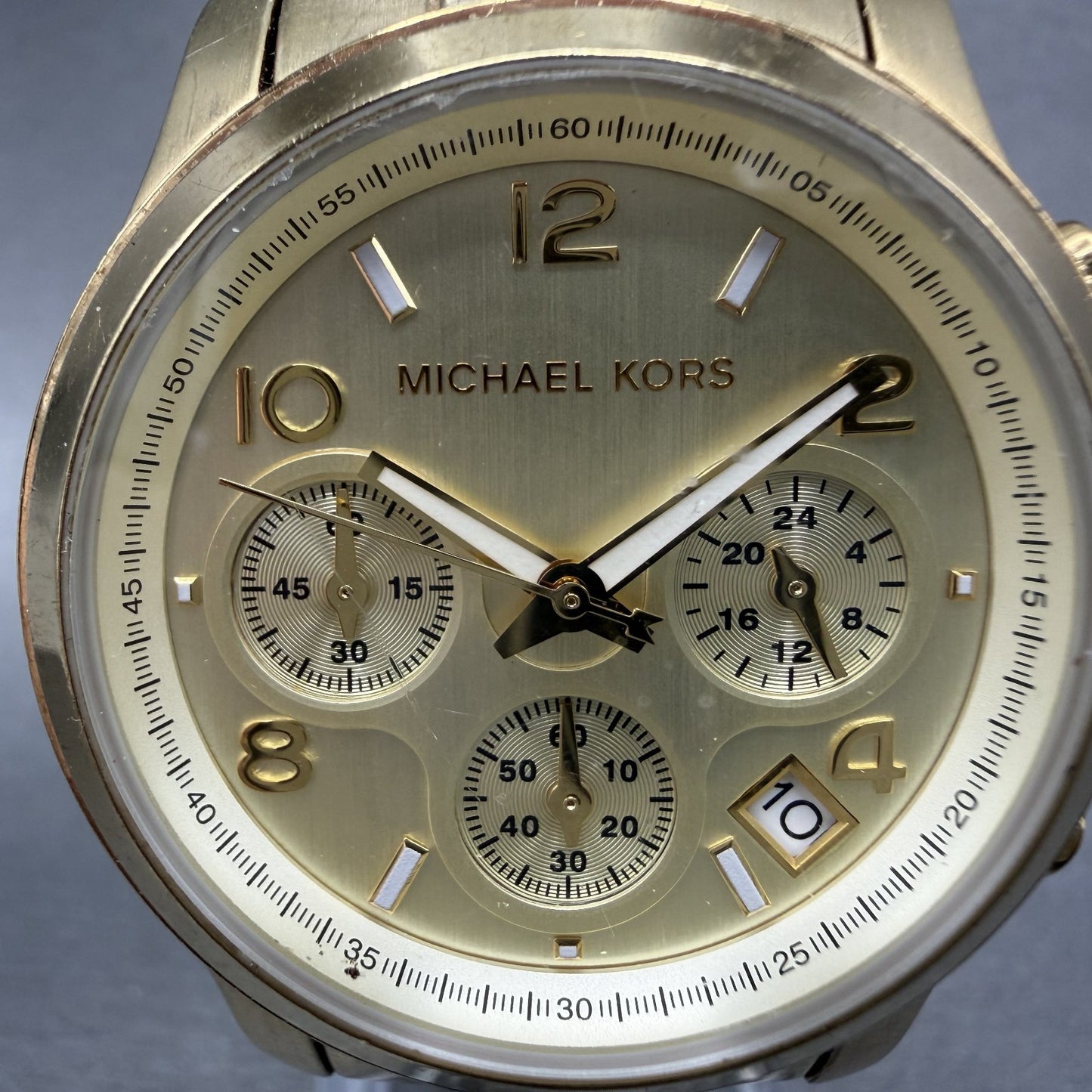 Michael Kors Runway Chronograph Watch Women 38mm Champagne Dial Gold Tone NewBat1
