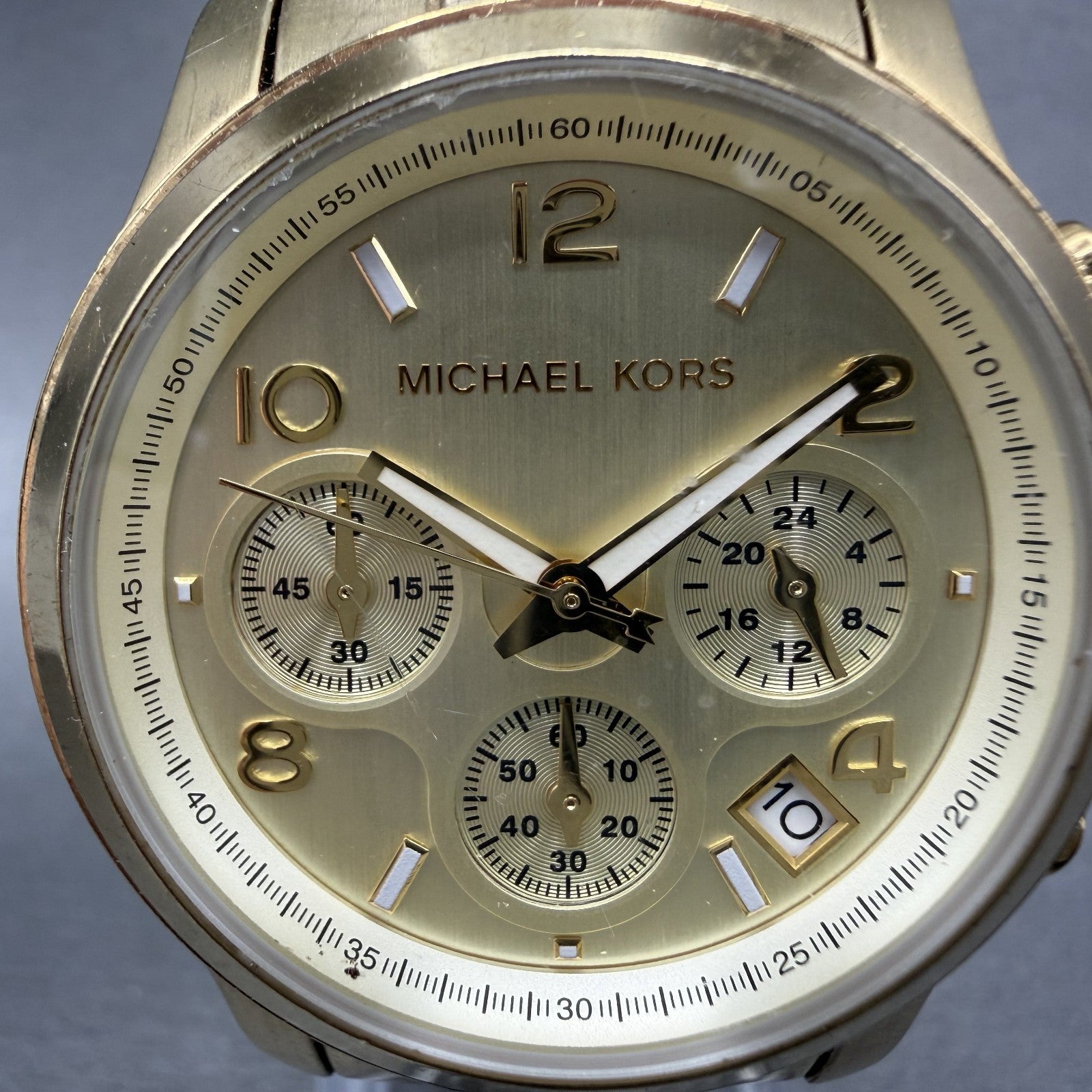 Michael Kors Runway Chronograph Watch Women 38mm Champagne Dial Gold Tone NewBat1
