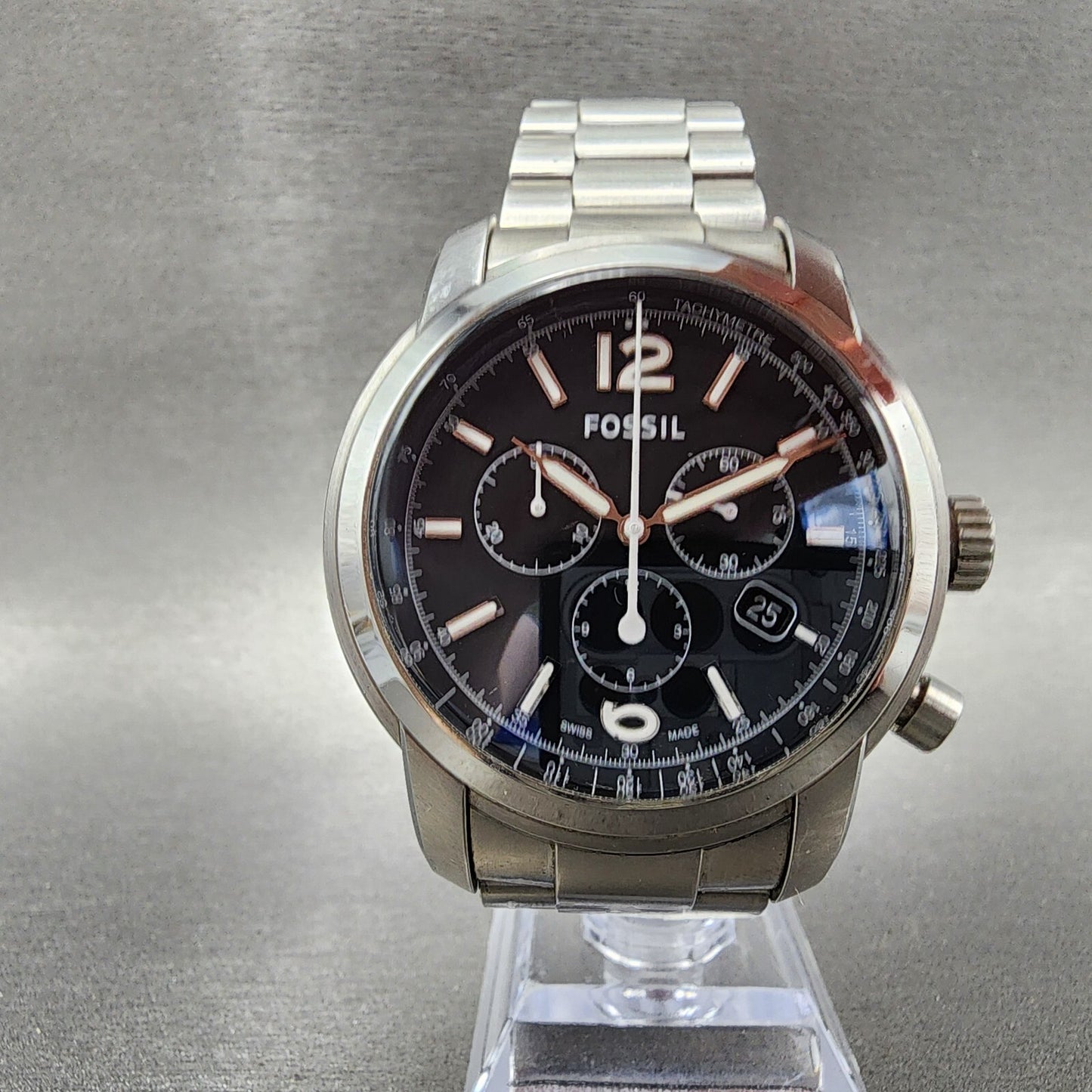 Fossil Chronograph Watch Men 45mm Black Dial Steel Date Round READ!!!! New Batt5