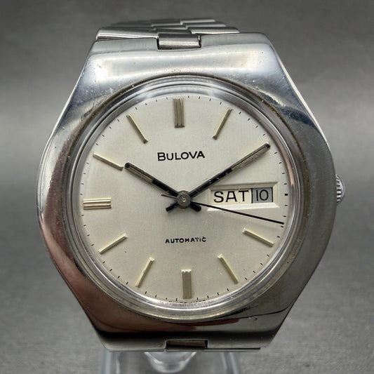 Bulova Automatic Watch Men 38mm Silver Dial Steel Daydate Round N3 Runs READ!!!!0