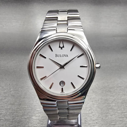 Bulova Watch Men 38mm White Dial Silver Tone Date Round 96B106 New Battery0
