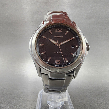 Seiko Wired Solar Watch Men 37mm Black Dial Silver Tone Date V145-0av0 Runs