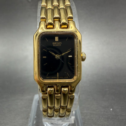 Seiko Tank Watch Women 15mm Black Dial Gold Tone Rectangle 1N00-5A10 New Battery0
