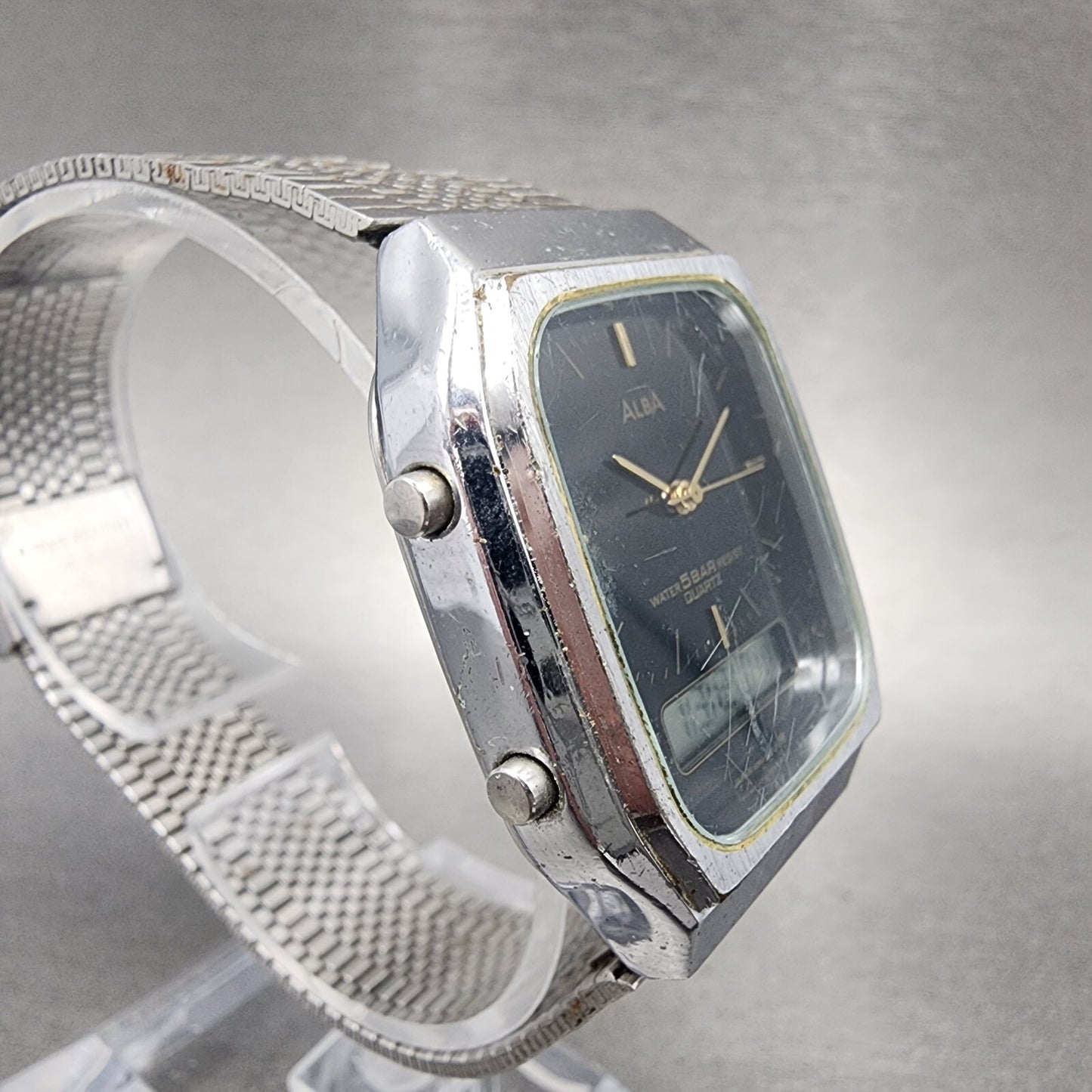 Seiko ALBA Analog Digital Watch Men 30mm Black Dial Silver Tone V041-5120 NewBat