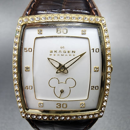 Skagen Mickey Mouse Watch Women 27mm White Dial Gold Tone Rectangle New Battery