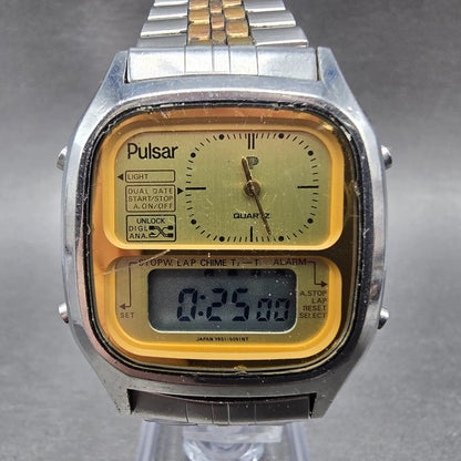 Pulsar Analog Digital Watch Men 33mm Gold Dial Two Tone Alarm Chronograph NewBat0
