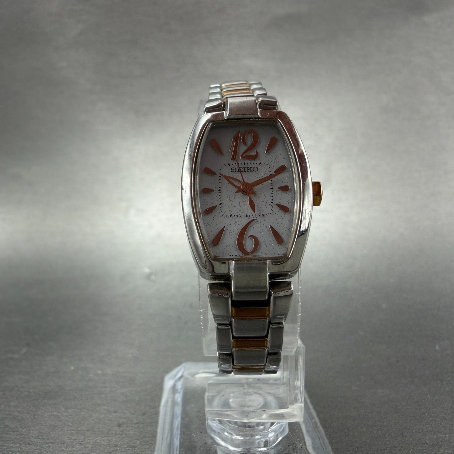Seiko Solar Tank Watch Women 18mm White Dial Two Tone Rectangle Lukia Runs FD35
