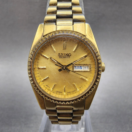 Seiko Watch Women 25mm Gold Dial Gold Tone Daydate Round 7N830041 New Battery0