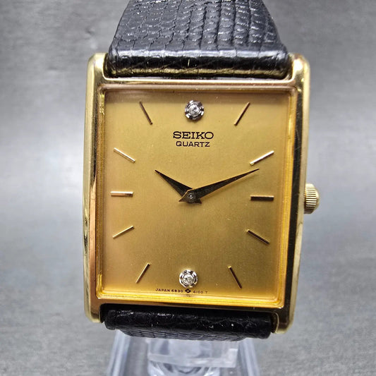 Seiko Tank Watch Men 25mm Gold Dial Gold Tone Rectangle 6530-5079 New Battery HJ0