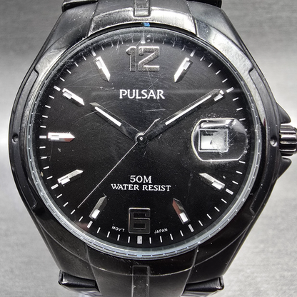 Seiko Pulsar Watch Men 38mm Black Dial Black Tone Date VX42-X266 New Battery1