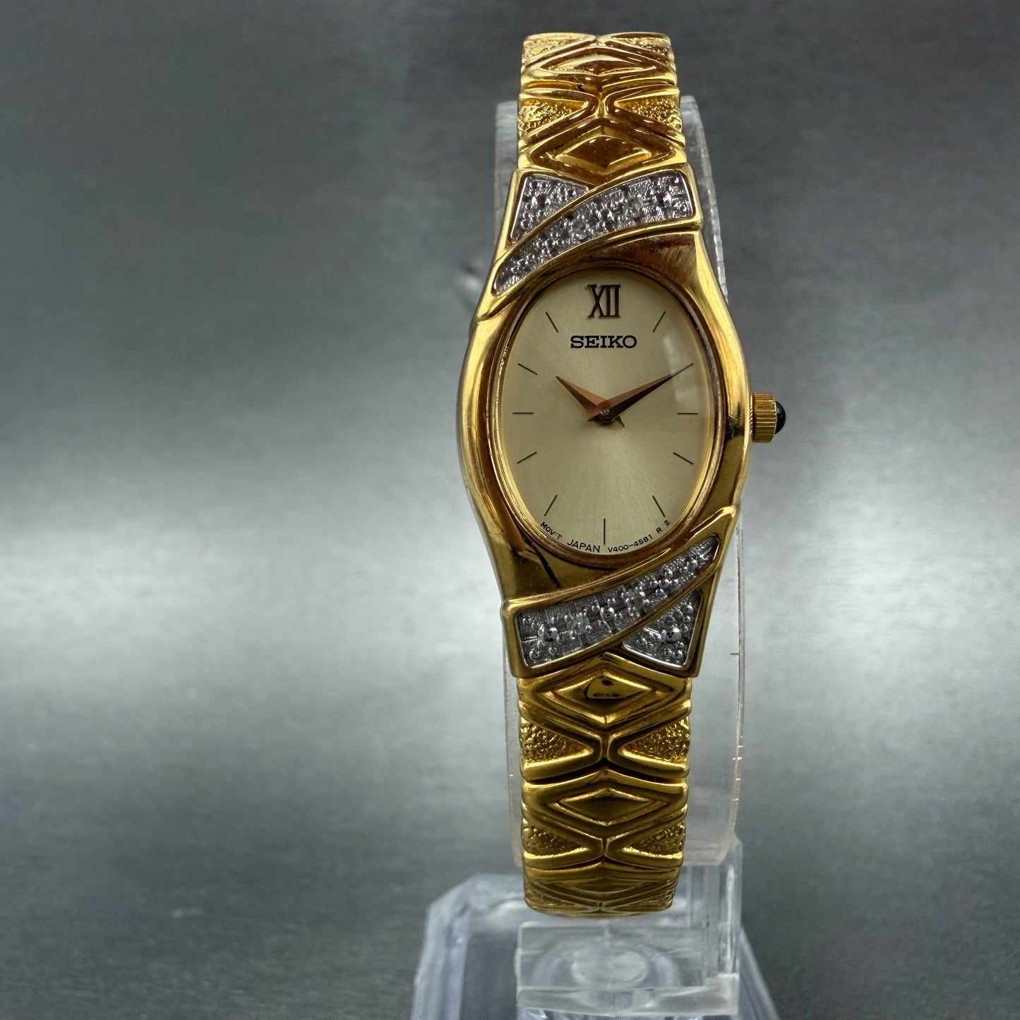Seiko Watch Women 17mm Champagne Dial Gold Tone Oval V400-6559 VTG New Battey5