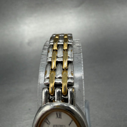 Seiko Watch Women 17mm White Dial Two Tone Oval Vintage V400-1029 New Battery GH4