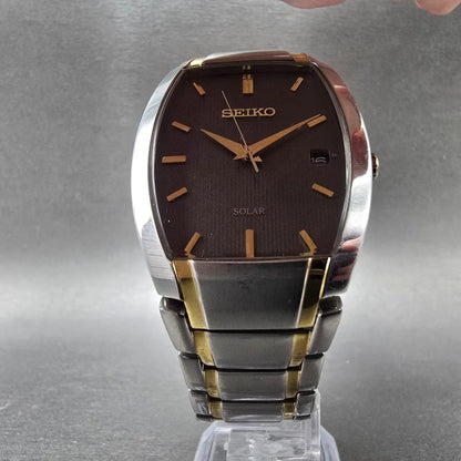 Seiko Solar Tank Watch Men 35mm Gray Dial Two Tone Date Rectangle V157-0AT0 Runs5