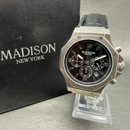 Madison New york Chronograph Watch Men 43mm Black Dial Steel Date New Battery0