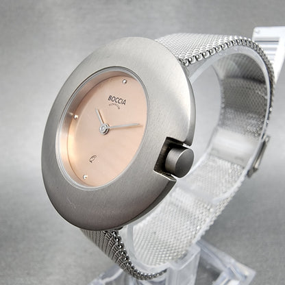 Boccia Titanium Watch Women 34mm Pink Dial Gray Case Round Mesh Band New Battery