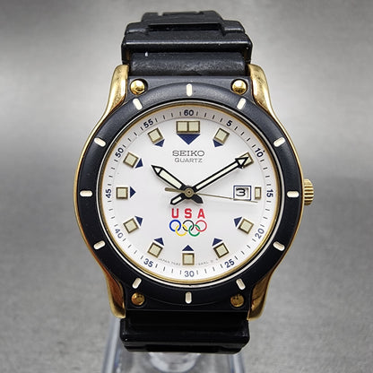 Seiko USA Olympics Watch Women 29mm White Dial Gold Tone Date 7N826A39 PARTS0