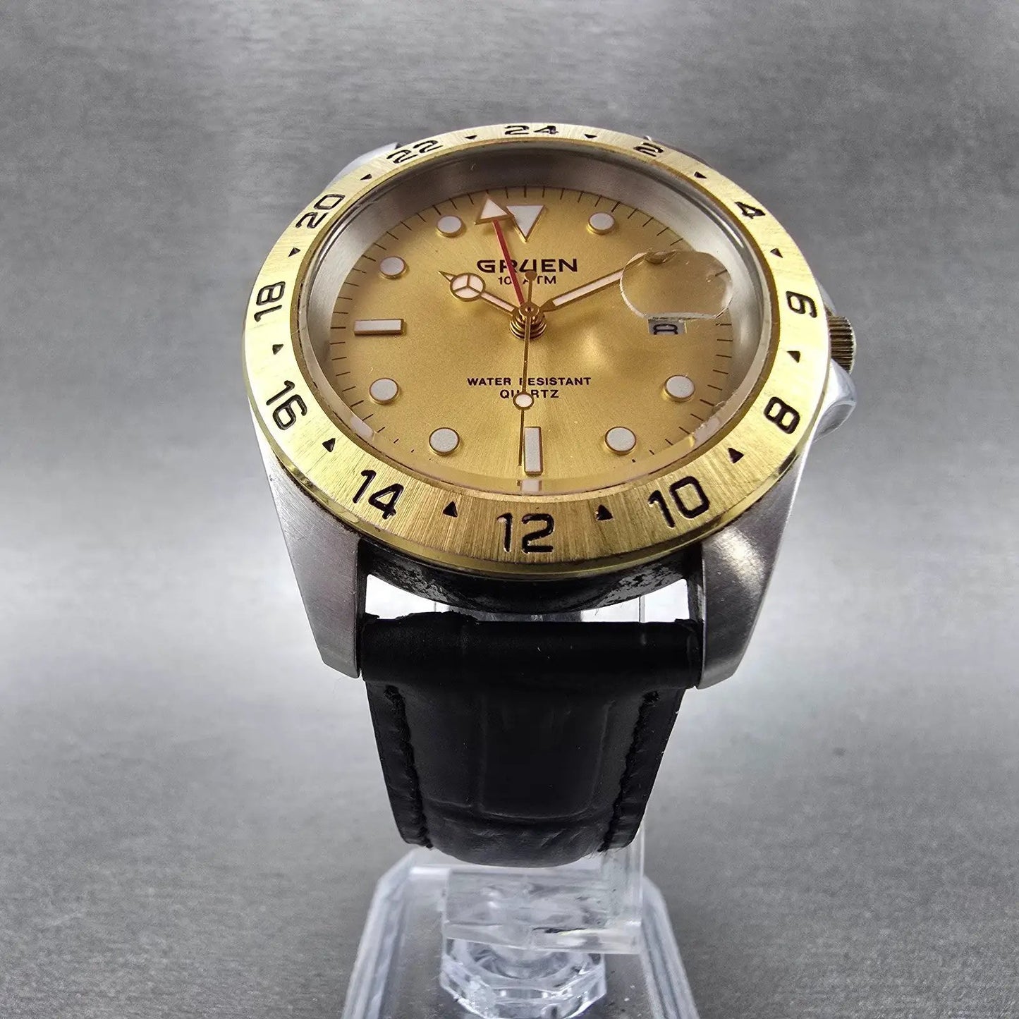 Gruen GMT Watch Men 39mm Gold Dial Two Tone Date Round 321-6M17 New Battery5