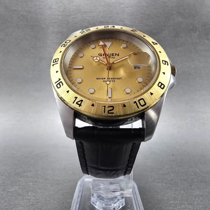 Gruen GMT Watch Men 39mm Gold Dial Two Tone Date Round 321-6M17 New Battery5