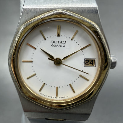 Seiko Watch Women 22mm White Dial Two Tone Date Round 2A22-0100 New Battery1