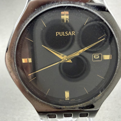 Seiko Pulsar Watch Men 35mm Black Dial Black Tone Date V732-X091 New Battery1