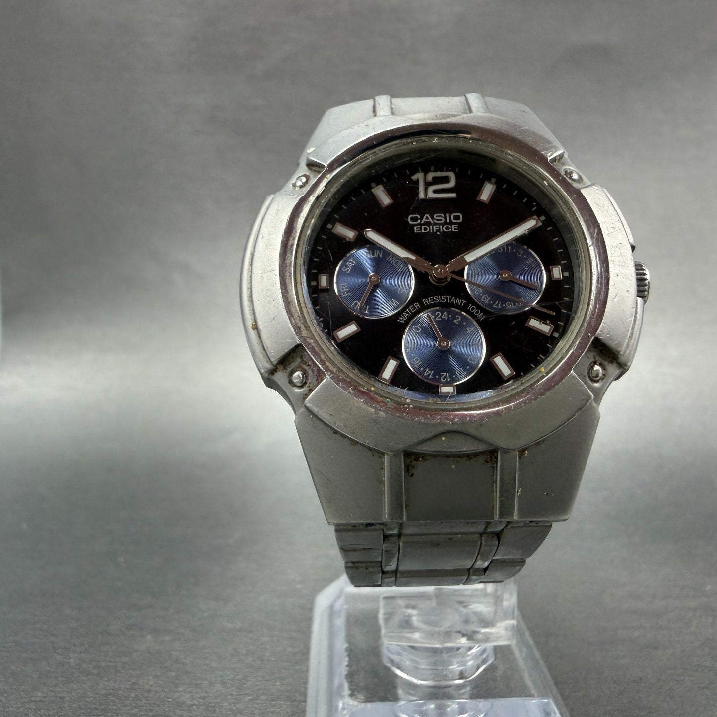Casio Edifice Watch Men 39mm Black & Blue Dial Steel Daydate EF-303 New Battery5