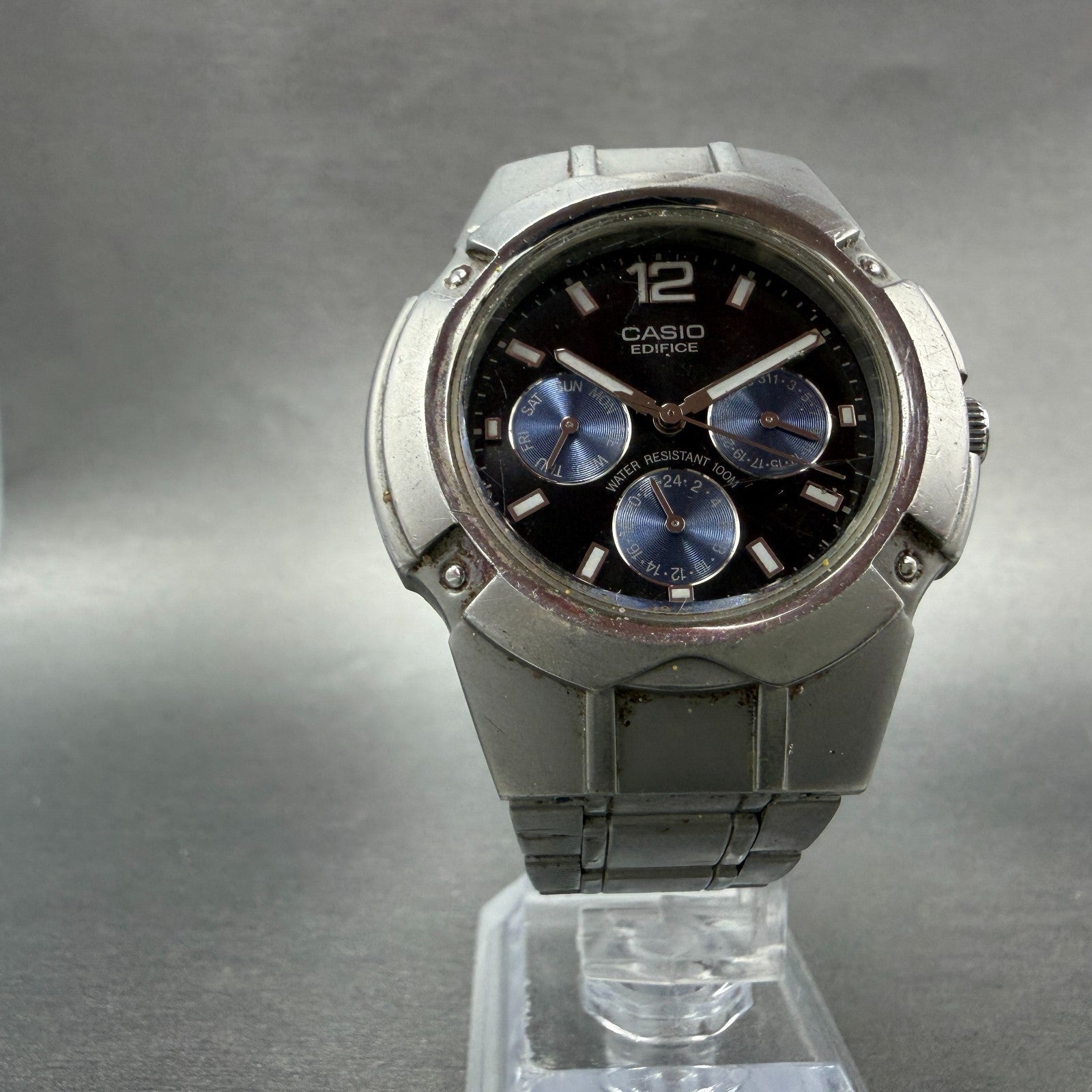 Casio Edifice Watch Men 39mm Black & Blue Dial Steel Daydate EF-303 New Battery5