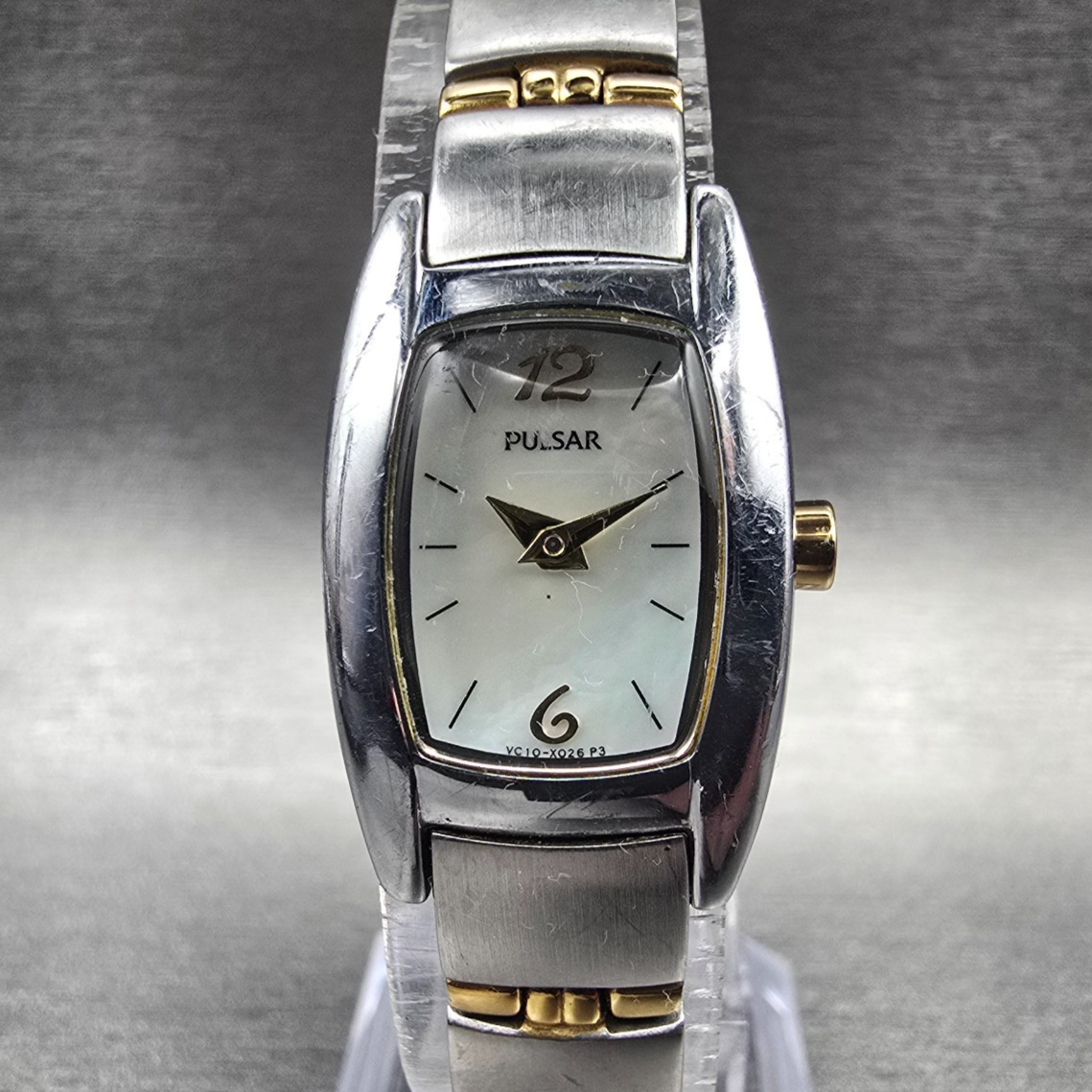 Pulsar Watch Women 18mm MOP Dial Two Tone Rectangle VC10-X016 New Battery JP0
