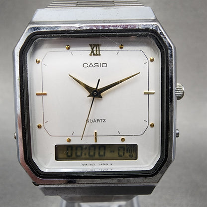 Casio AQ525 Watch Men 31mm White Dial Silver Tone Octagon Alarm Chrono New Batt1