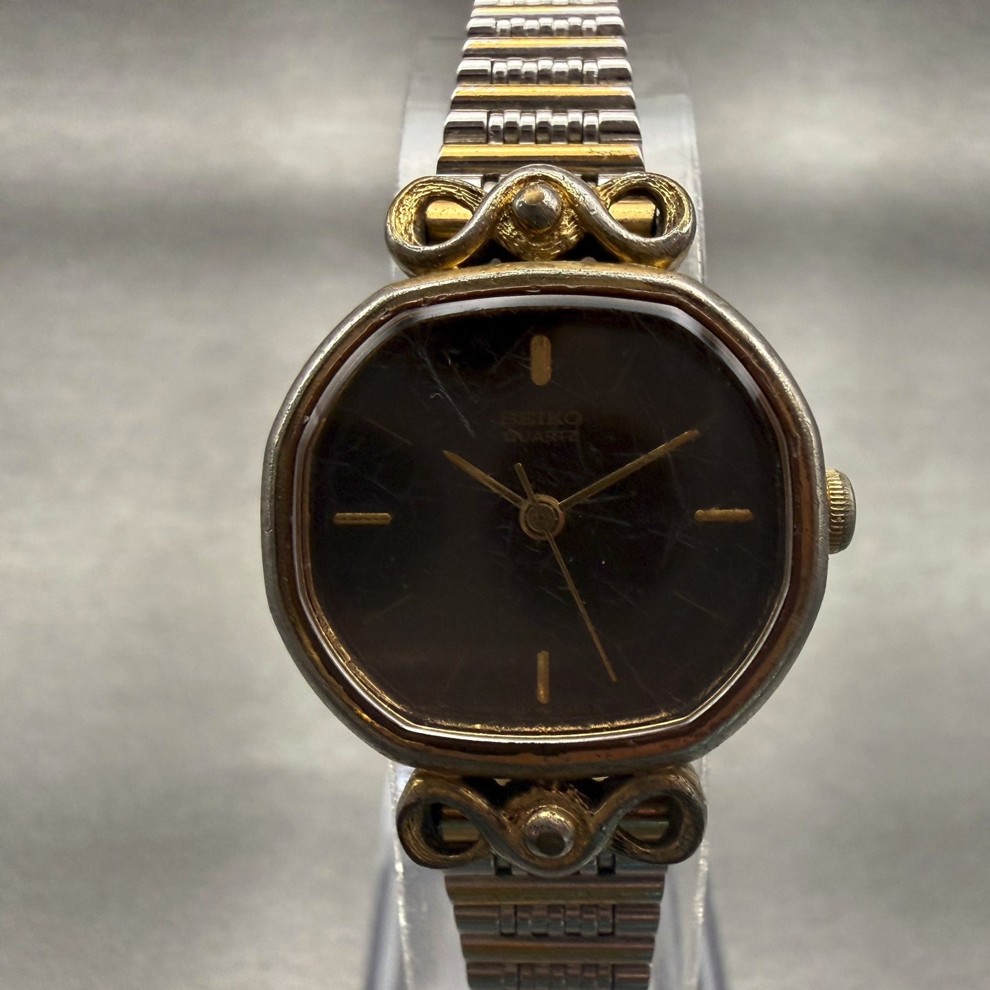 Seiko Watch Women 22mm Brown Dial Two Tone Oval 1421-5500 Vintage New Battery0