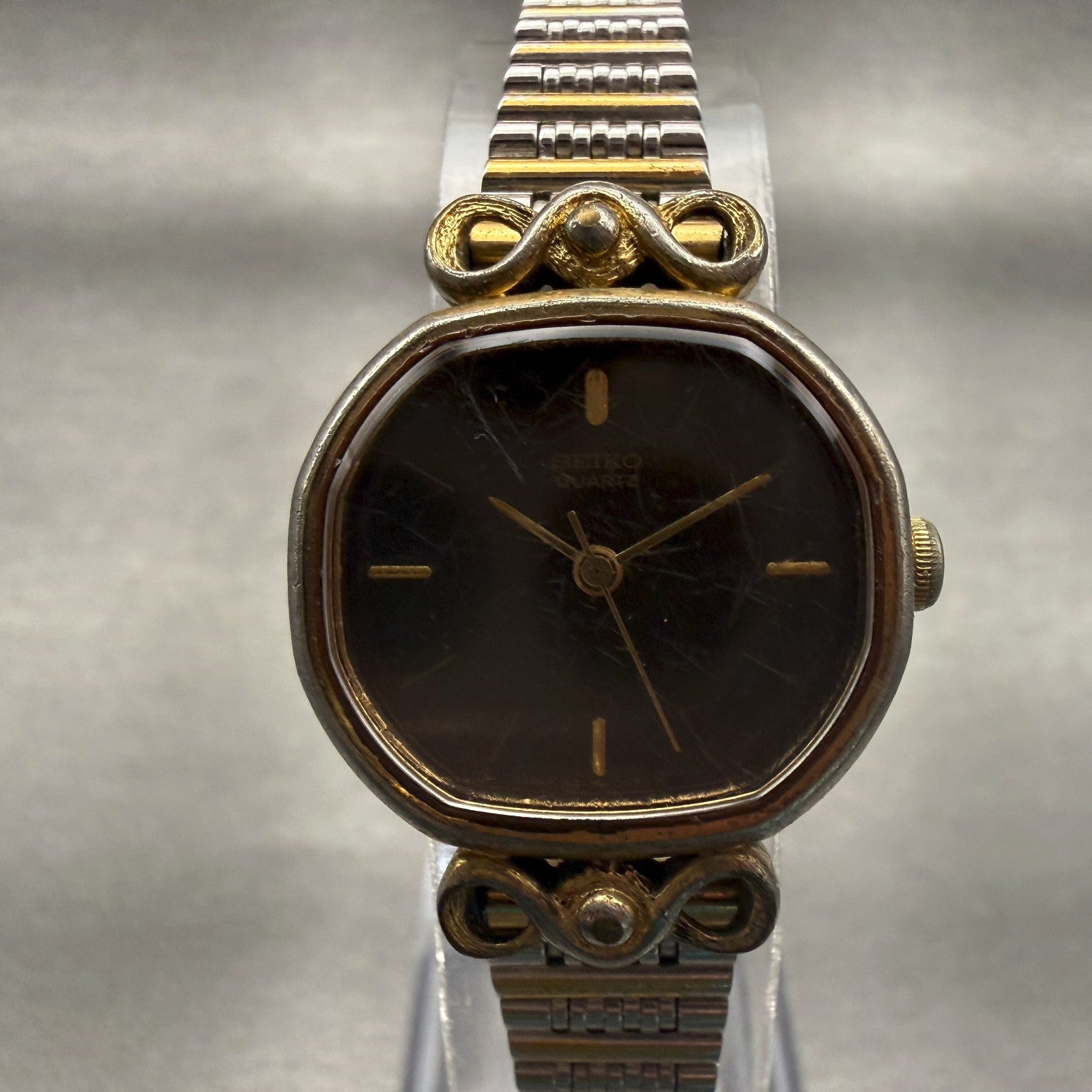 Seiko Watch Women 22mm Brown Dial Two Tone Oval 1421-5500 Vintage New Battery0
