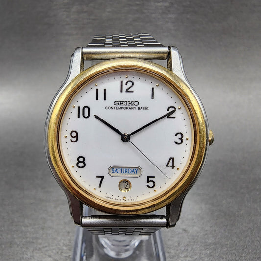 Seiko Watch Men 34mm White Dial Two Tone Daydate Round 5h23-7090 New Battery