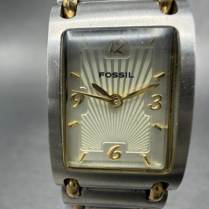 Fossil Tank Watch Women 18mm Champagne Dial Two Tone Rectangle ES-1417 New Batt1
