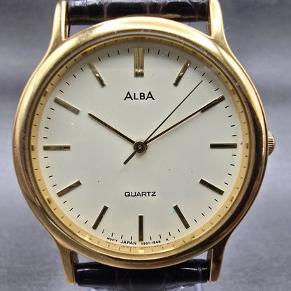 Seiko Alba Watch Men 33mm Ivory Dial Gold Tone Round V501-6K30 New Battery VTG1