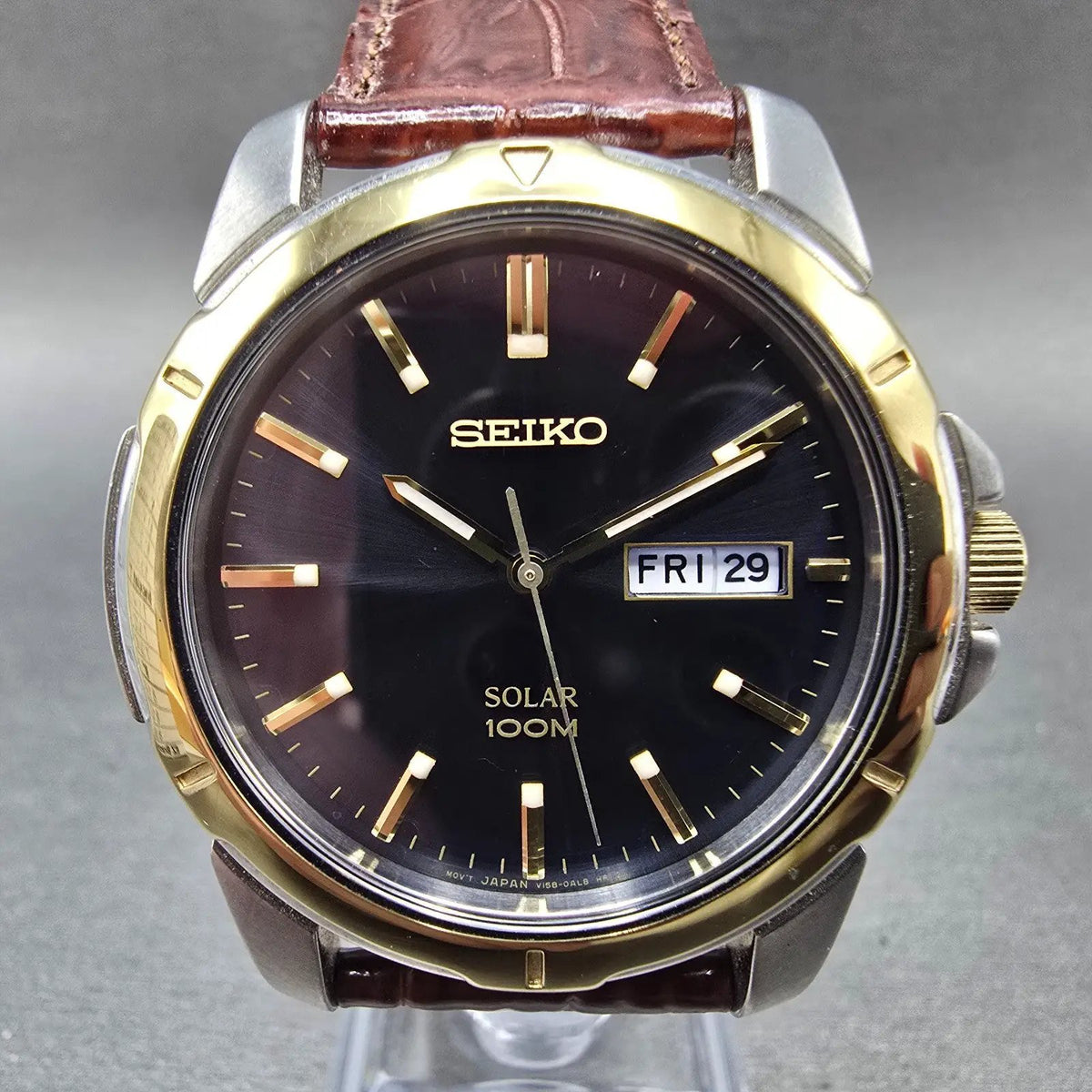 Seiko Solar Watch Men 39mm Blue Dial Two Tone Daydate Round V158-0AD0 Runs JP10