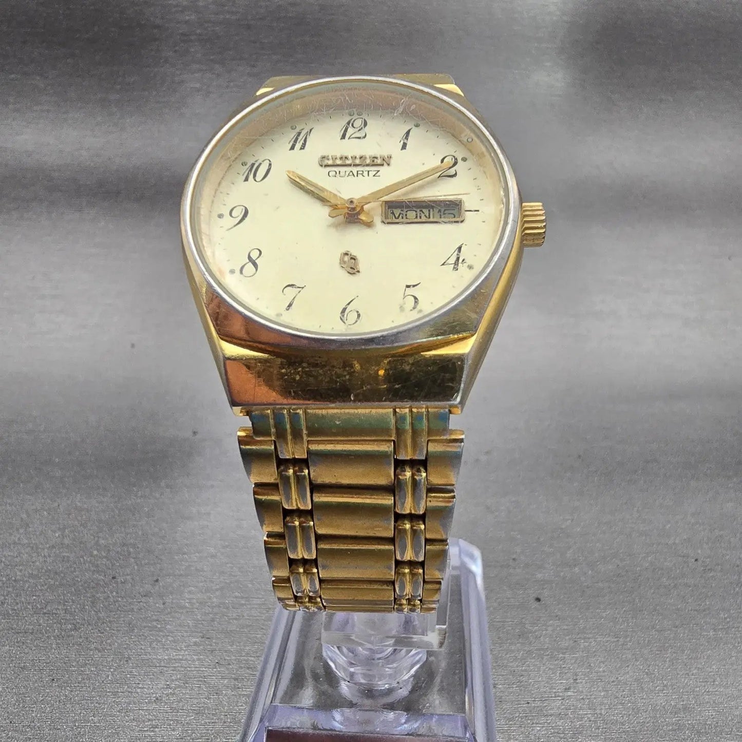 Citizen CQ Watch Men 33mm Champagne Dial Gold Tone Daydate 6101-915101 New Batt5