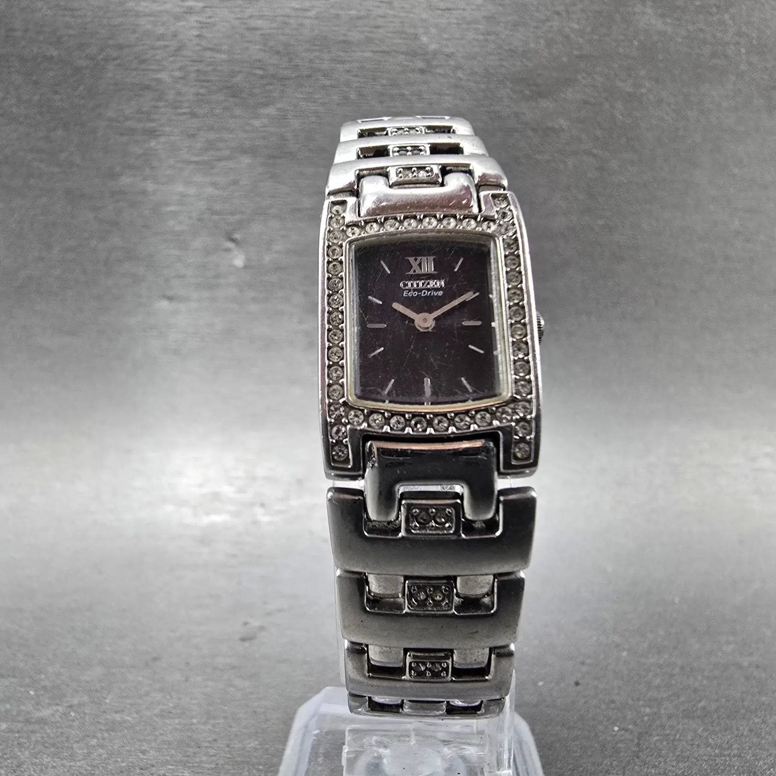 Citizen Eco-Drive Tank Watch Women 17mm Black Dial Silver Tone B023-S000068 Runs5
