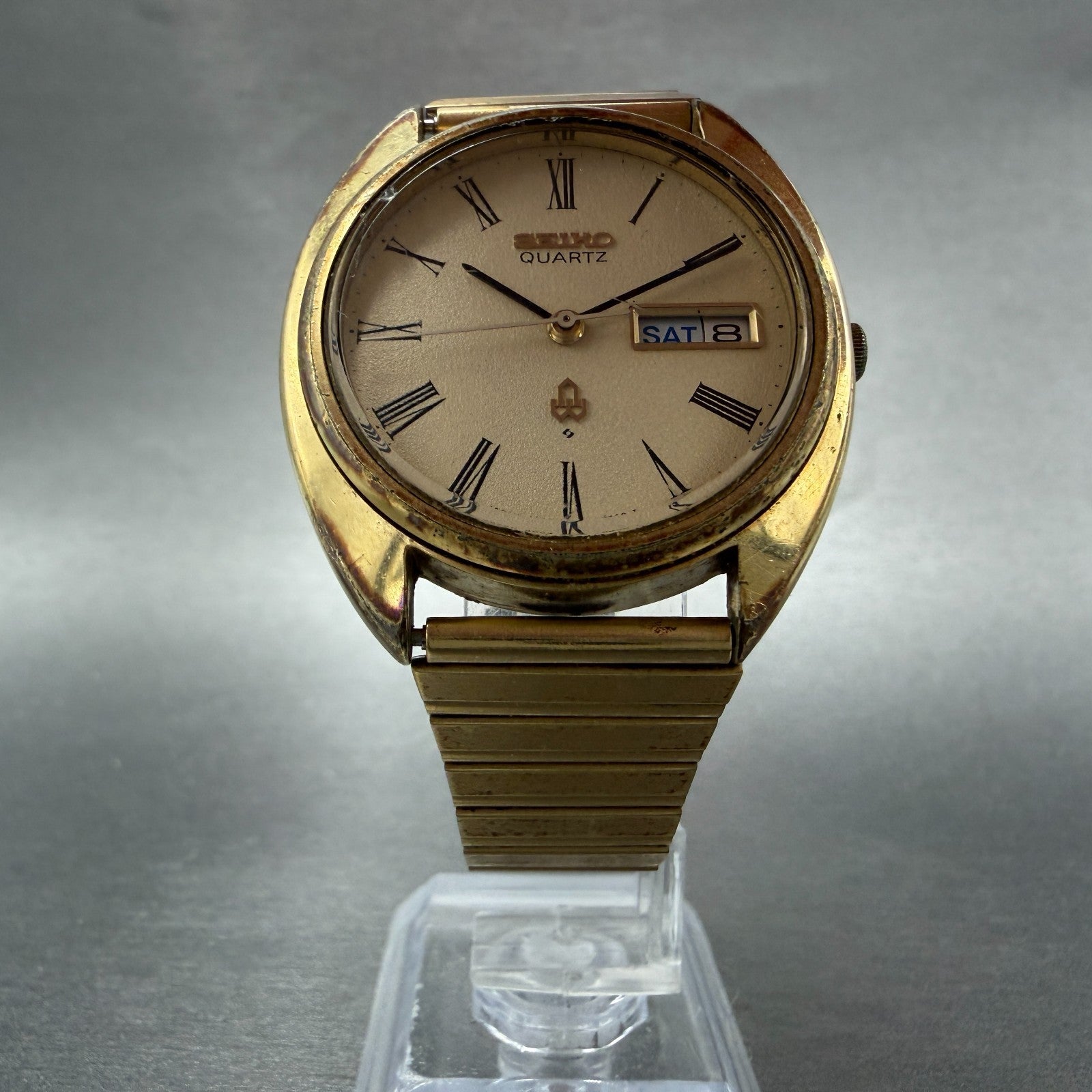 Seiko SQ Watch Men 36mm Cream Dial Gold Tone Daydate 4803-8000 New Battery VTG5