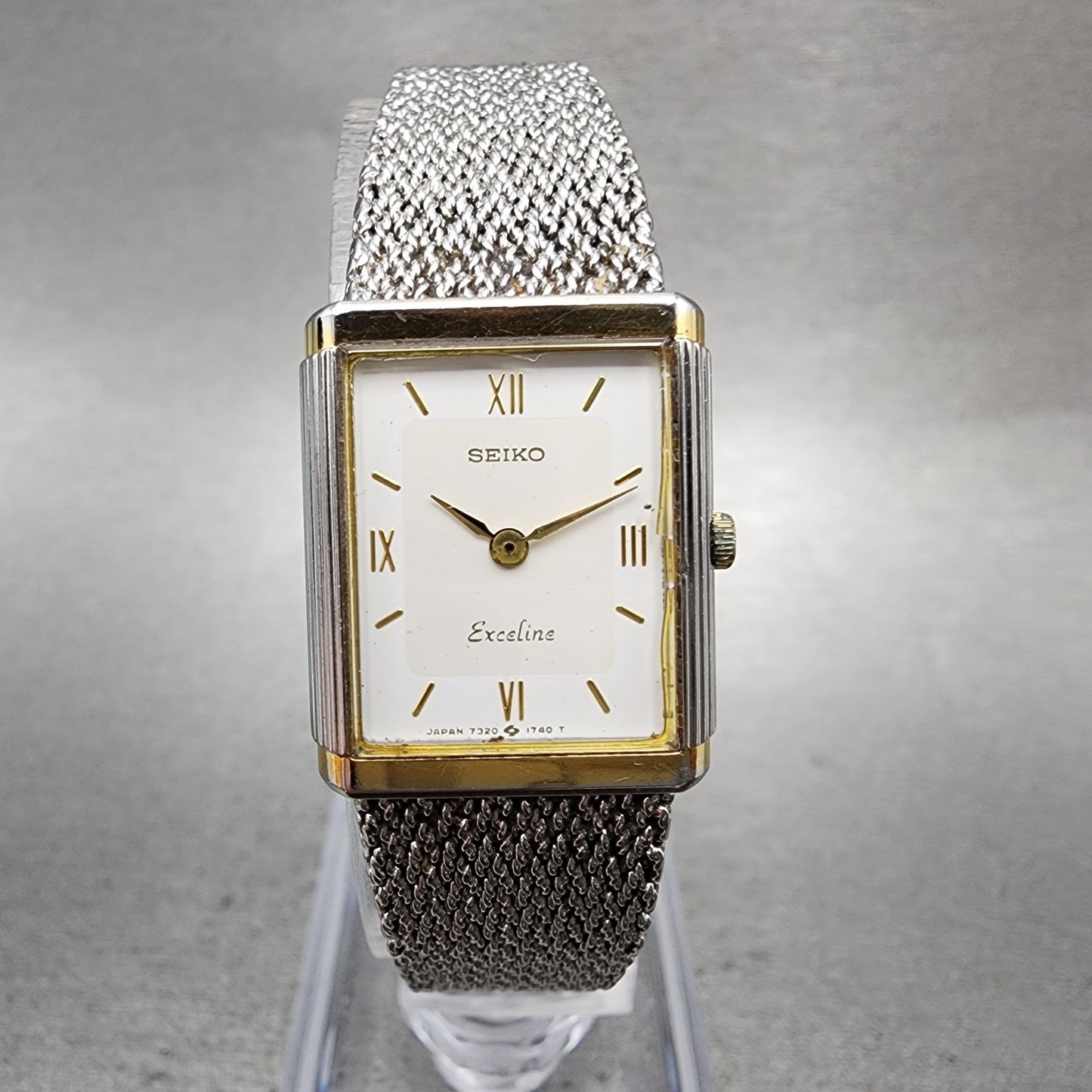 Seiko Exceline Tank Watch Women 18mm Silver Dial Two Tone 73206450 New Battery0