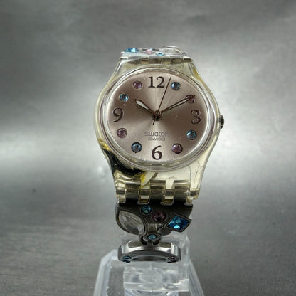 Swatch Menthol Tone Watch Women 25mm Silver Dial Clear Case LK292G New BatteryJK5