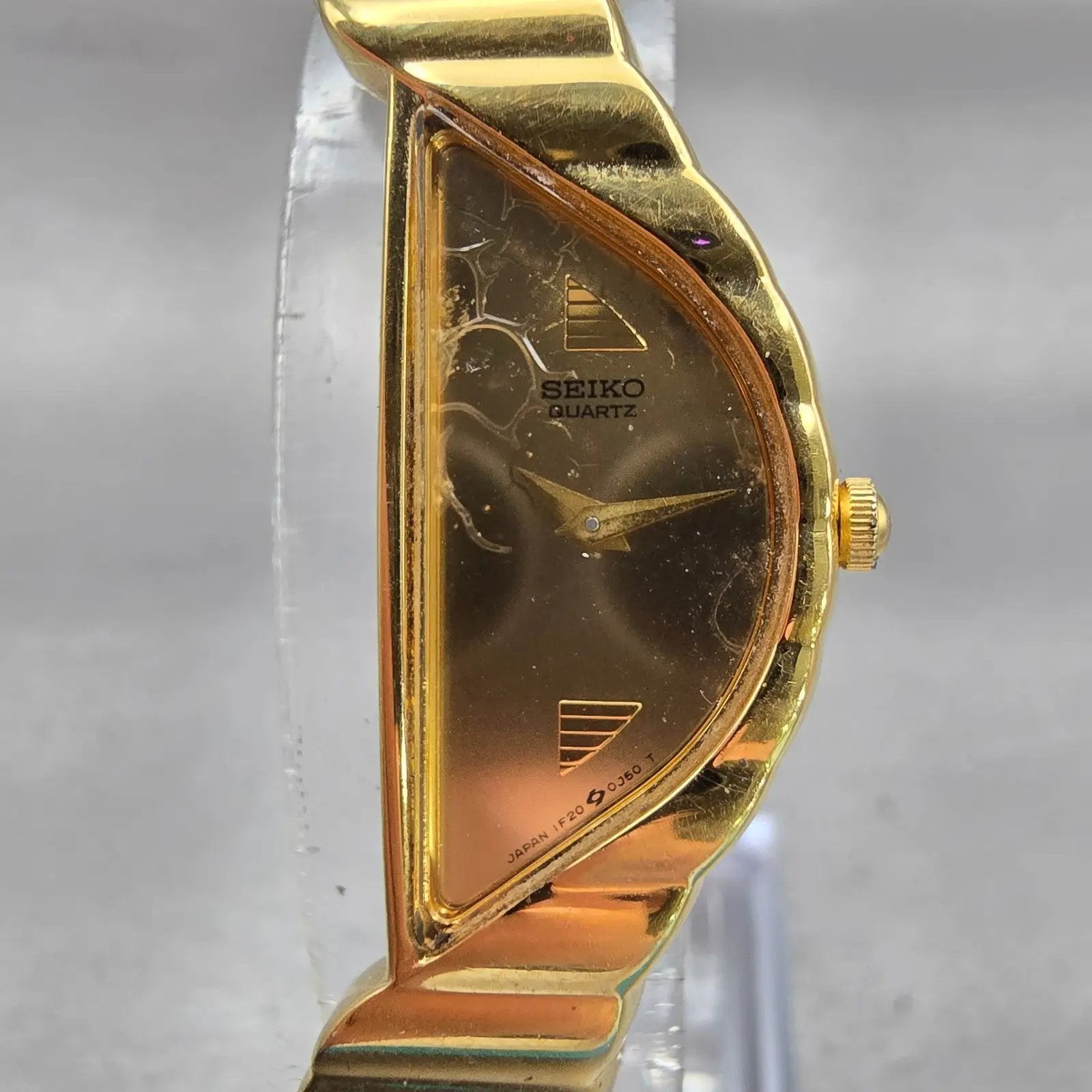 Seiko Watch Women 15mm Gold Dial Gold Tone Asymmetrical 1F20-5D59 New Battery1