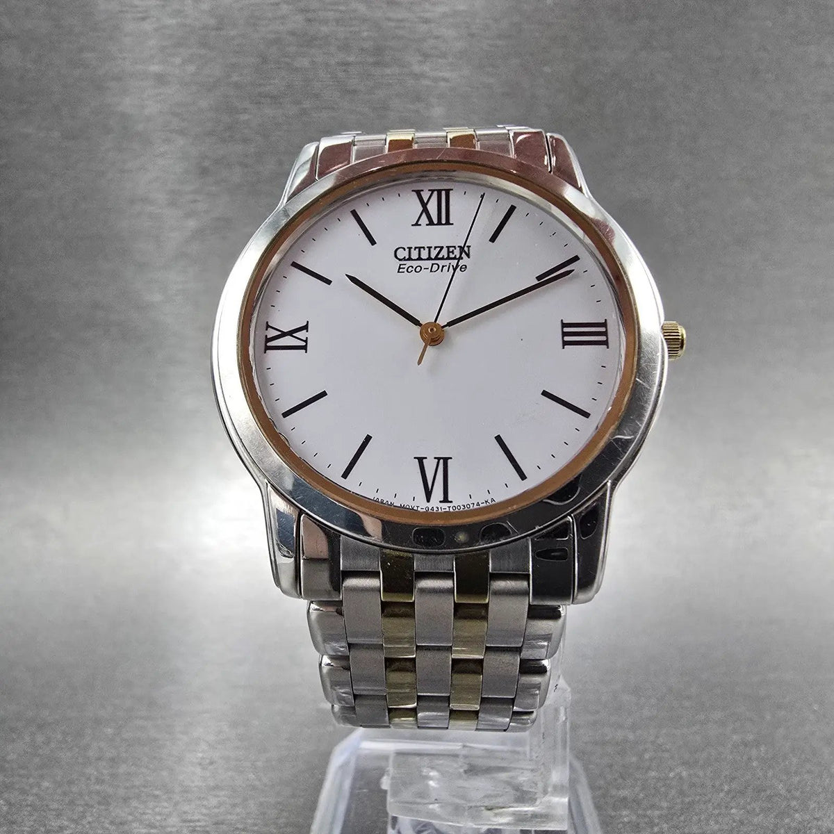 Citizen Eco-Drive Stiletto Watch Men 35mm White Dial Two Tone Round Runs WBox6